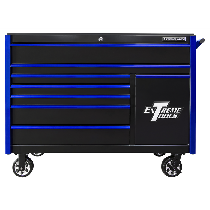 Extreme Tools DX Series 55” W x 25'' D 8-Drawer Roller Cabinet with Power Tool Drawer, Heavy-Duty Steel Tool Chest Black/Blue (DX552508RC)