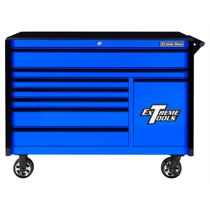 Extreme Tools DX Series 55” W x 25'' D 8-Drawer Roller Cabinet with Power Tool Drawer, Heavy-Duty Steel Tool Chest Blue/Black (DX552508RCBLBK)