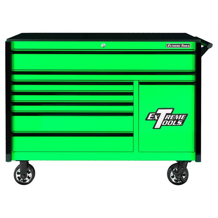 Extreme Tools DX Series 55” W x 25'' D 8-Drawer Roller Cabinet with Power Tool Drawer & Charging Station – Heavy-Duty Tool Chest Green/Black (DX552508RC)