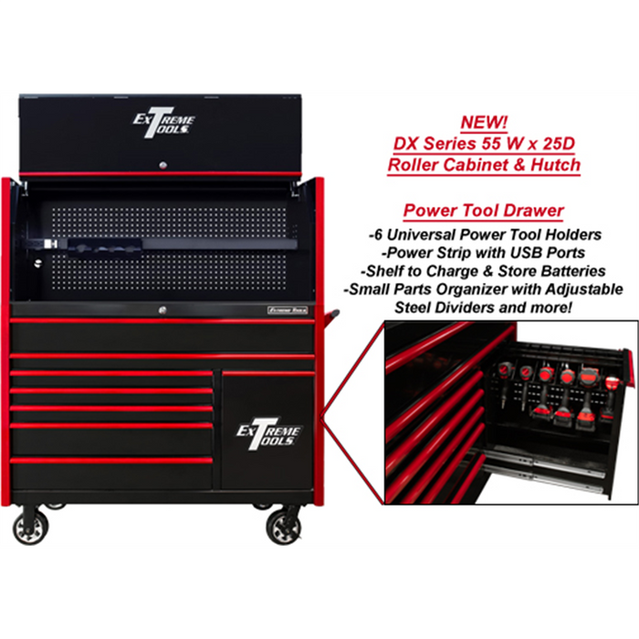 Extreme Tools DX Series 55” W x 25'' D Power Workstation Hutch & 8-Drawer Roller Cabinet Combo with Power Tool Drawer – Black with Red Handles (EXTDX5509HRKR)