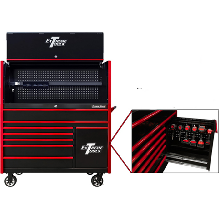 Extreme Tools DX Series 55” W x 25'' D Power Workstation Hutch & 8-Drawer Roller Cabinet Combo with Power Tool Drawer – Black with Red Handles (EXTDX5509HRKR)