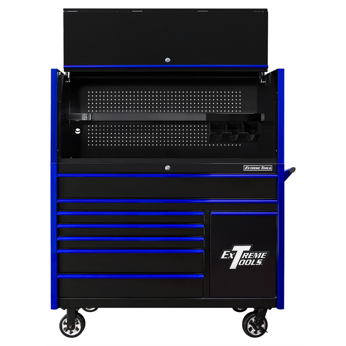 Extreme Tools DX Series 55” W x 25'' D Power Workstation Hutch & 8-Drawer Roller Cabinet Combo with Power Tool Drawer – Black with Blue Handles (EXTDX5509HRKU)