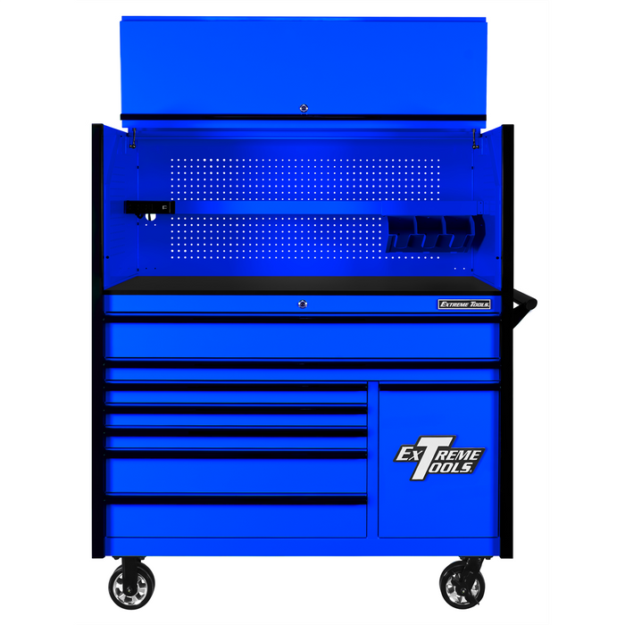 Extreme Tools DX Series 55” W x 25''D Power Workstation Hutch & 8-Drawer Roller Cabinet Combo with Power Tool Drawer – Blue with Black Handles (EXTDX5509HRUK)
