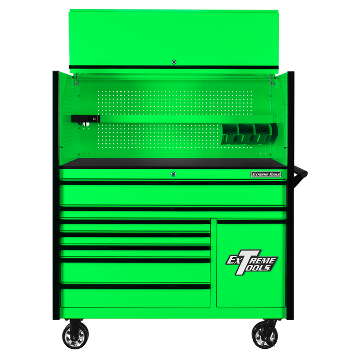 Extreme Tools DX Series 55” W x 25'' D Power Workstation Hutch & 8-Drawer Roller Cabinet Combo with Power Tool Drawer – Green with Black Handles (EXTDX5509HRGK)