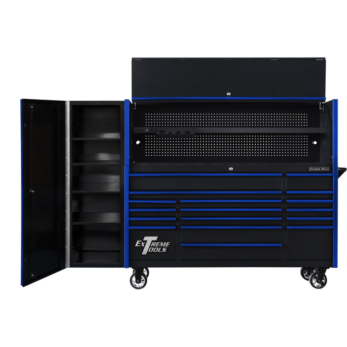 Extreme Tools DX Series 72” Professional Workstation Combo – 17 Drawer Roller Cabinet, Hutch & Side Locker (Blue/Black) EXTDX72HRSKU