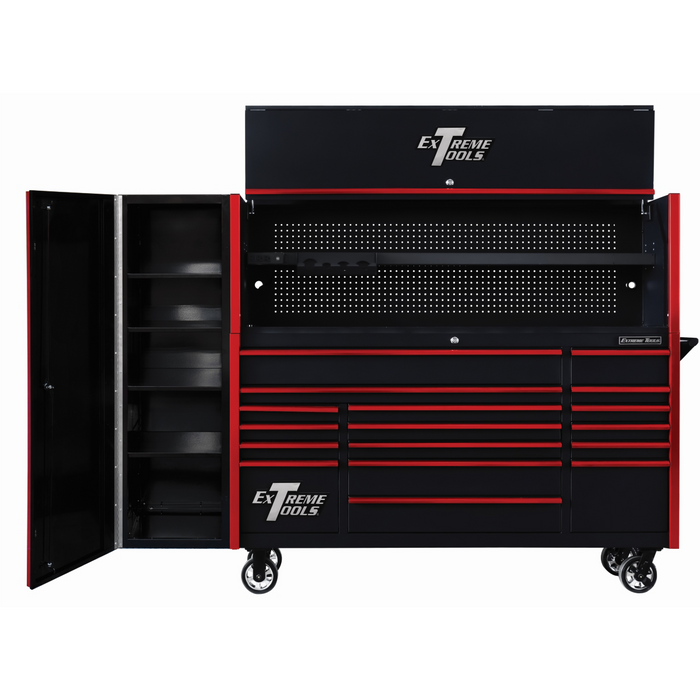 Extreme Tools DX Series 72” Professional Workstation Combo – 17 Drawer Roller Cabinet, Hutch & Side Locker (Black/Red) EXTDX72HRSKR