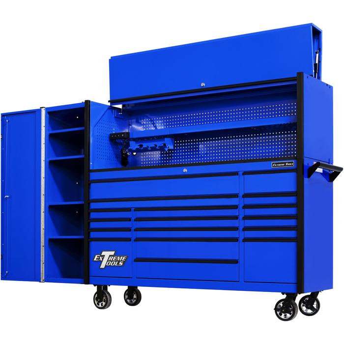 Extreme Tools DX Series 72” Professional Workstation Combo – 17 Drawer Roller Cabinet, Hutch & Side Locker (Blue/Black) EXTDX72HRSUK