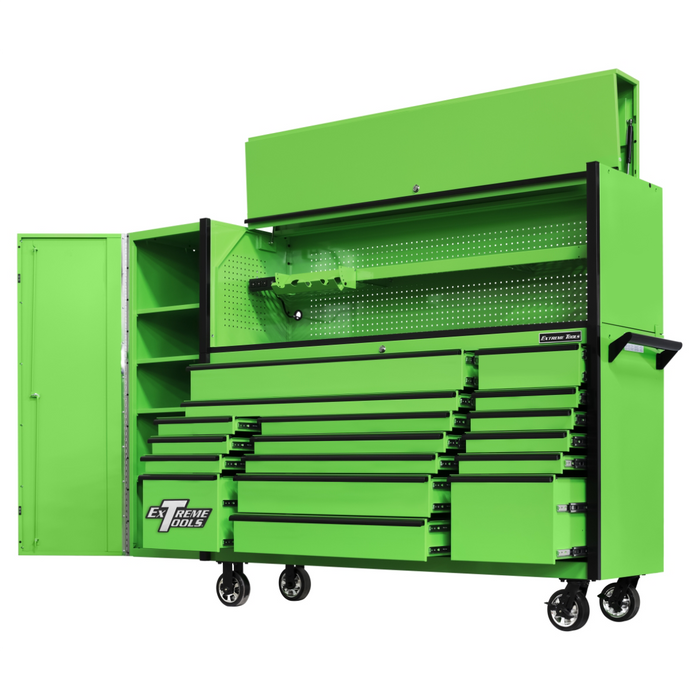 Extreme Tools DX Series 72” Professional Workstation Combo – 17 Drawer Roller Cabinet, Hutch & Side Locker (Green/Black) EXTDX72HRSGK