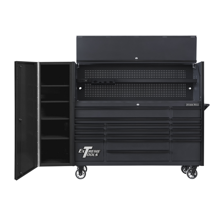 Extreme Tools DX Series 72” Professional Workstation Combo – 17 Drawer Roller Cabinet, Hutch & Side Locker (Matte Black) EXTDX72HRSMK