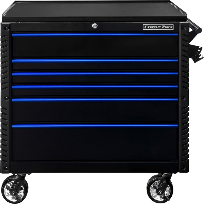 Extreme Tools EX Professional Series 41" 6 Drawer Open Top Tool Cart – PVC Work Surface (Black with Blue Drawer Pulls)