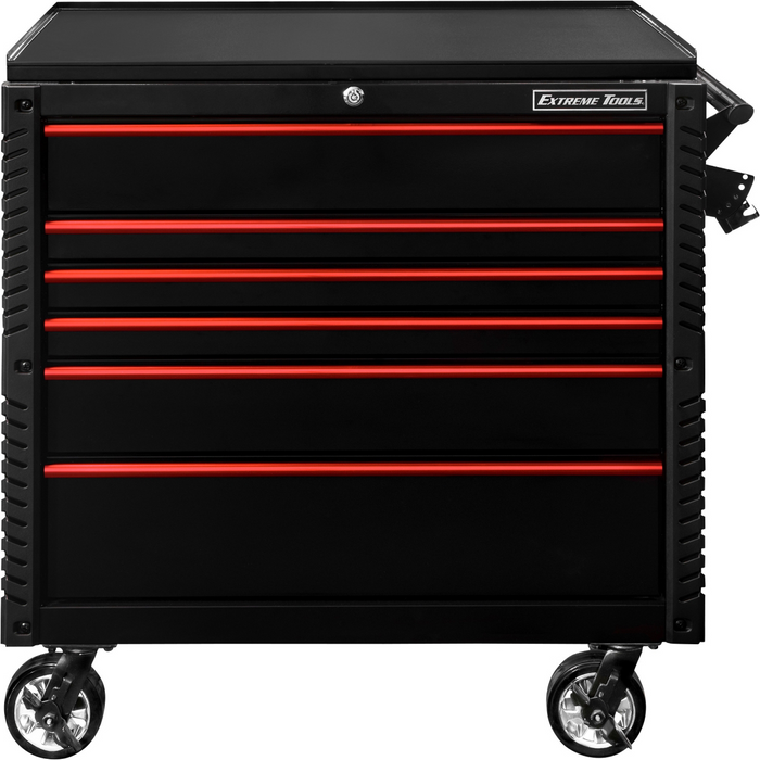 Extreme Tools EX Professional Series 41" 6 Drawer Open Top Tool Cart – PVC Work Surface (Black with Red Drawer Pulls)