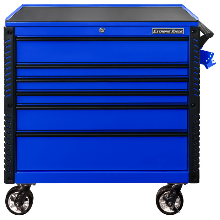 Extreme Tools EX Professional Series 41" 6 Drawer Open Top Tool Cart – PVC Work Surface (Blue with Black Drawer Pulls)