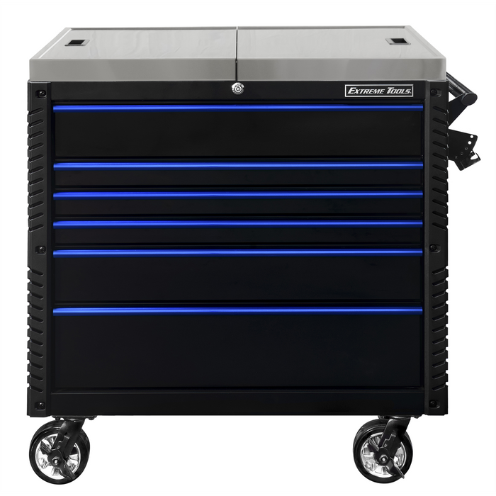 Extreme Tools EX Professional Series 41" 6 Drawer Sliding Top Tool Cart – Stainless Steel Work Surface (Black with Blue Drawer Pulls)