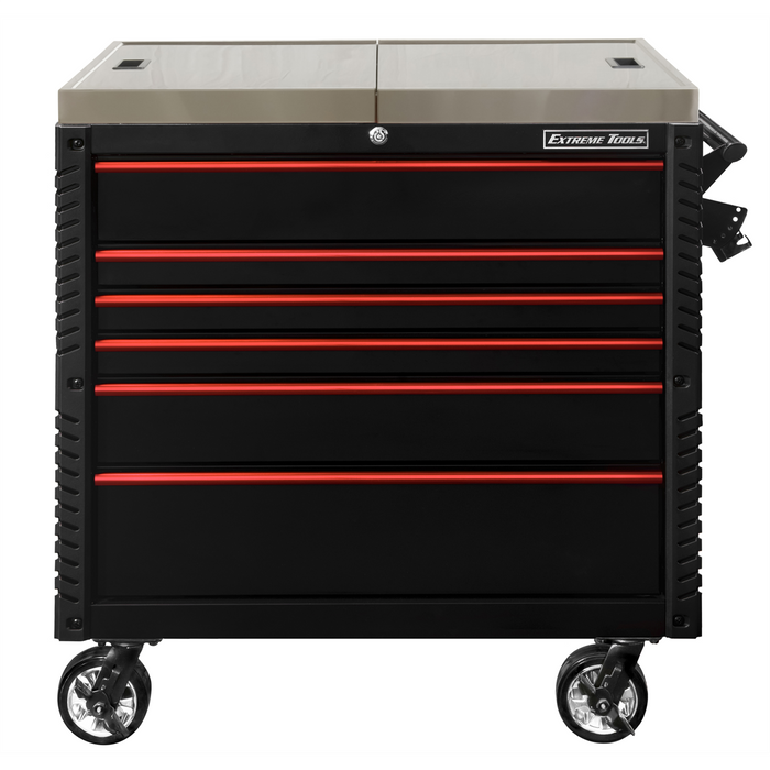 Extreme Tools EX Professional Series 41" 6 Drawer Sliding Top Tool Cart – Stainless Steel Work Surface (Black with Red Drawer Pulls)
