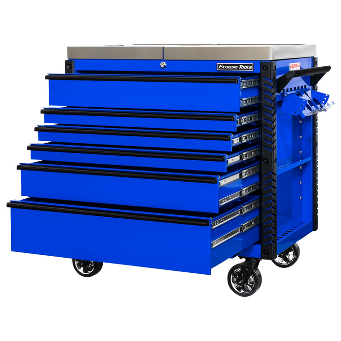 Extreme Tools EX Professional Series 41" 6 Drawer Sliding Top Tool Cart – Stainless Steel Work Surface (Blue with Black Drawer Pulls)