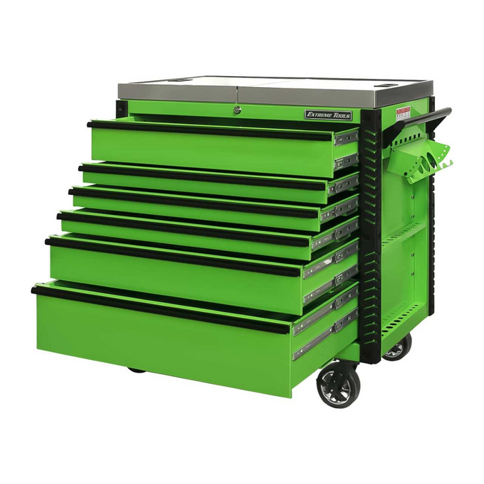 Extreme Tools EX Professional Series 41" 6 Drawer Sliding Top Tool Cart – Stainless Steel Work Surface (Lime Green with Black Drawer Pulls)