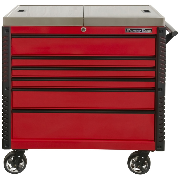 Extreme Tools EX Professional Series 41" 6 Drawer Sliding Top Tool Cart – Stainless Steel Work Surface (Red with Black Drawer Pulls)