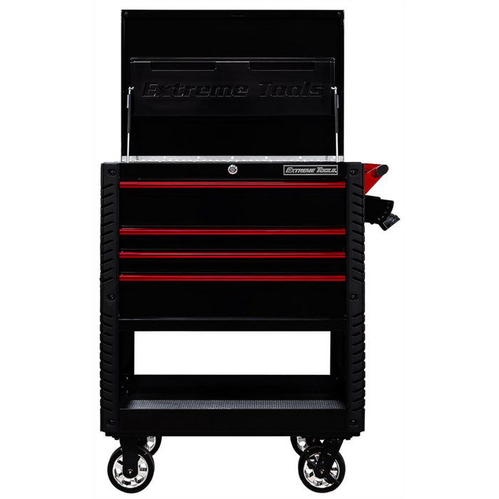 Extreme Tools 33” W x 23'' D Deluxe Tool Cart with 4 Drawers, Lockable Casters & Quick Release Pulls – Heavy Duty Rolling Tool Storage (Black/Red) EXTEX3304TCBKRD