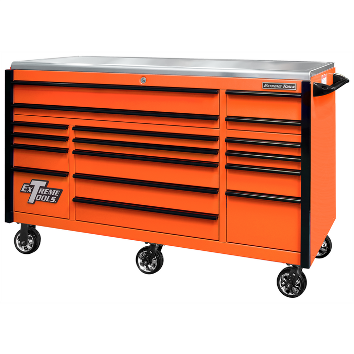 Extreme Tools EXQ Series 72” 17-Drawer Triple Bank Roller Cabinet – Heavy-Duty Tool Chest w/ Stainless Steel Top (Orange/Black) EXTEX7217RCQORBK