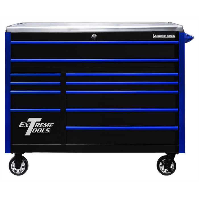 Extreme Tools EXQ Series 55"W x 30"D 11 Drawer Professional Roller Cabinet Black with Blue EX Quick Release Drawer Pulls EXTEX5511RCQBKBL