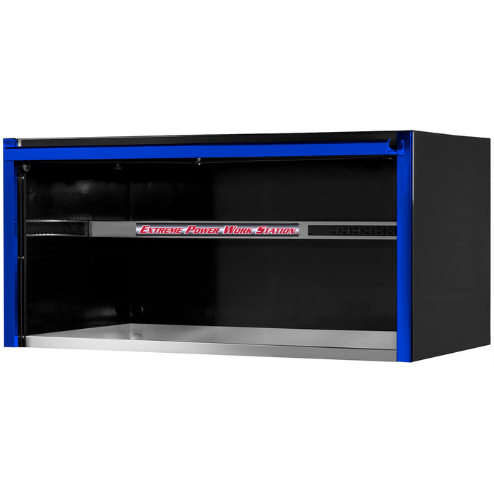 Extreme Tools EXQ Series 55” W x 30'' D Power Workstation Hutch – Stainless Steel Work Surface, Built-in Power Strip, Black with Blue Handle (EXTEX5501HCQBKBL)