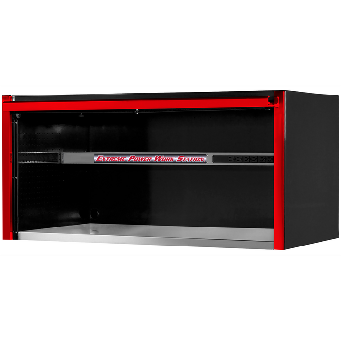 Extreme Tools EXQ Series 55” W x 30'' D Power Workstation Hutch – Stainless Steel Top, Built-in Power Strip, Black with Red Handle (EXTEX5501HCQBKRD)
