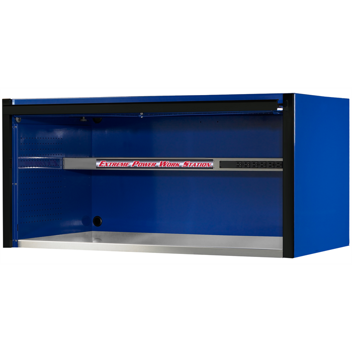 Extreme Tools EXQ Series 55” W x 30'' D Power Workstation Hutch – Stainless Steel Top, Built-in Power Strip, Blue with Black Handle (EXTEX5501HCQBLBK)
