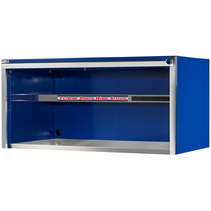 Extreme Tools EXQ Series 55” W x 30'' D Power Workstation Hutch – Stainless Steel Top, Built-in Power Strip, Blue with Chrome Handle (EXTEX5501HCQBLCR)