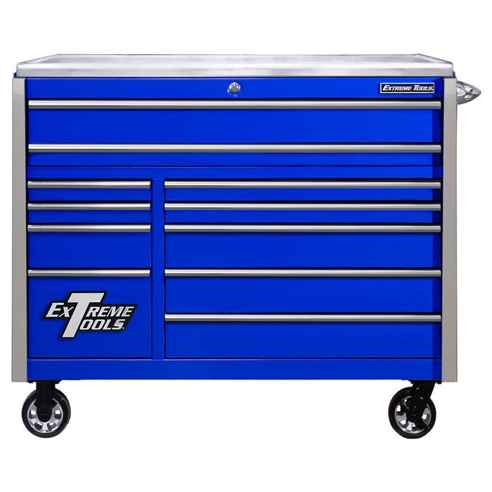 Extreme Tools EXQ Series 55” Professional Roller Cabinet – 11 Drawer Tool Chest with Stainless Steel Top (Blue/Chrome) EXTEX5511RCQBLCR