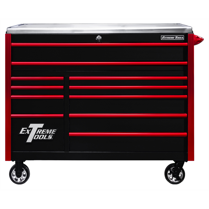 Extreme Tools EXQ Series 55” Professional Roller Cabinet – 11 Drawer Tool Chest with Stainless Steel Top (Black/Red) EXTEX5511RCQBKRD