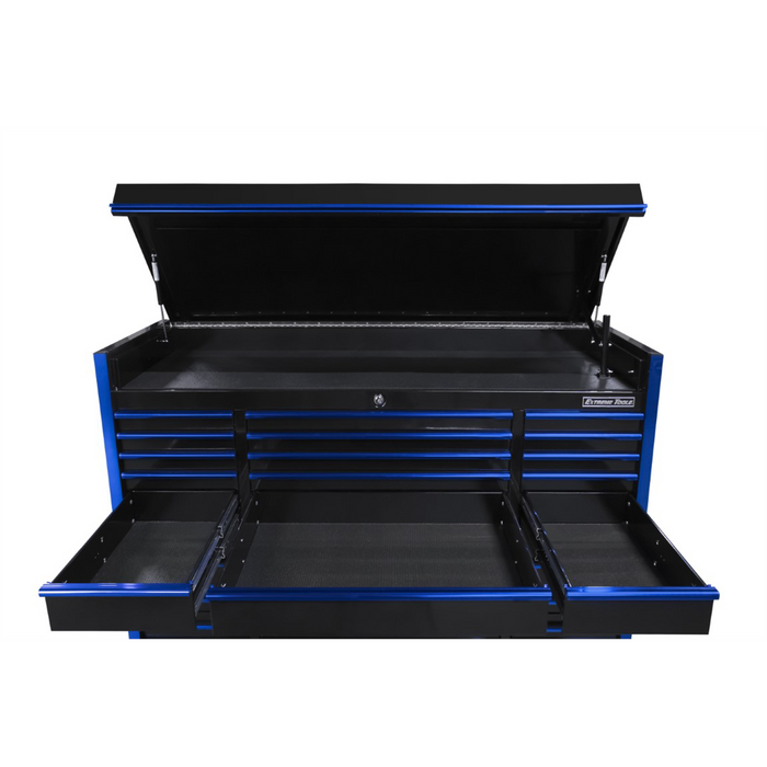 Extreme Tools EXQ Series 72” Professional Top Chest – 15 Drawer Triple Bank Tool Chest (Black/Blue) EXTEX7215CHQBKBL
