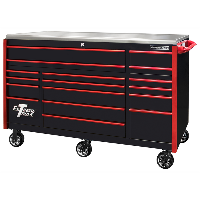 Extreme Tools EXQ Series 72” 17-Drawer Triple Bank Roller Cabinet – Heavy-Duty Tool Chest w/ Stainless Steel Top, Black/Red EXTEX7217RCQBKRD