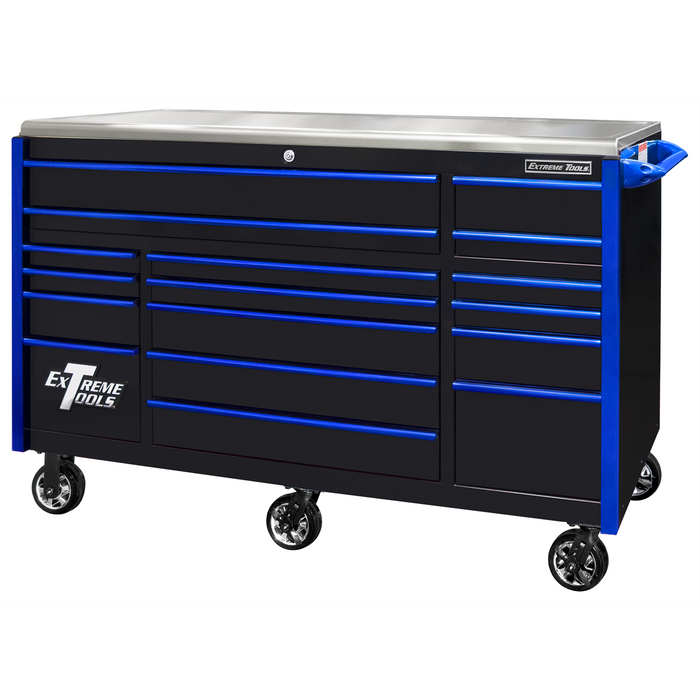 Extreme Tools EXQ Series 72” 17-Drawer Triple Bank Roller Cabinet – Heavy-Duty Tool Chest w/ Stainless Steel Top (Black/Blue) EXTEX7217RCQBKBL