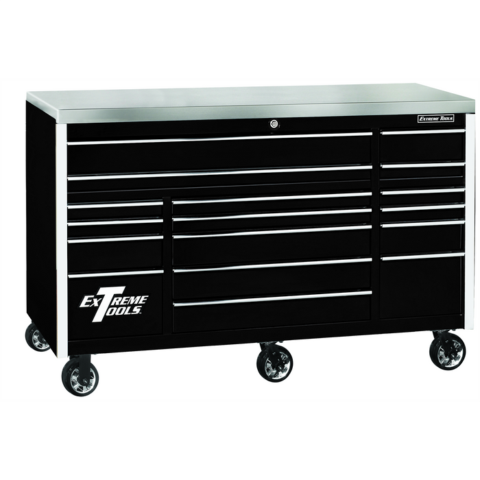Extreme Tools EXQ Series 72” 17-Drawer Triple Bank Roller Cabinet – Heavy-Duty Tool Chest w/ Stainless Steel Top (Black/Chrome) EXTEX7217RCQBKCR