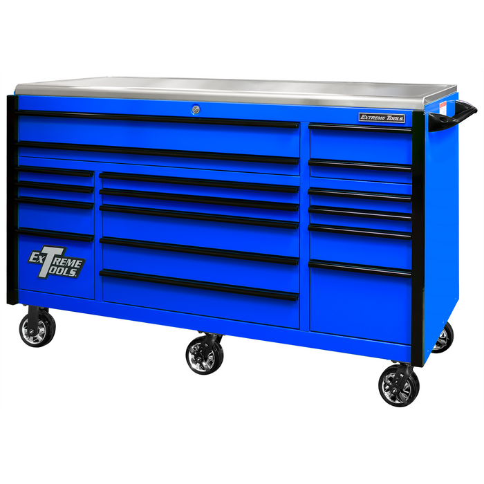 Extreme Tools EXQ Series 72” 17-Drawer Triple Bank Roller Cabinet – Heavy-Duty Tool Chest w/ Stainless Steel Top (Blue/Black) EXTEX7217RCQBLBK