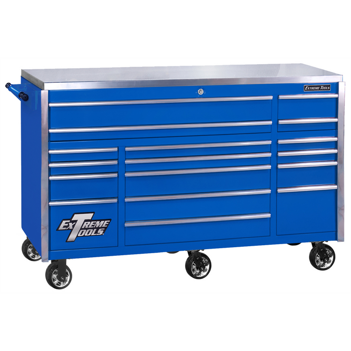 Extreme Tools EXQ Series 72” 17-Drawer Triple Bank Roller Cabinet – Heavy-Duty Tool Chest w/ Stainless Steel Top (Blue/Chrome) EXTEX7217RCQBLCR