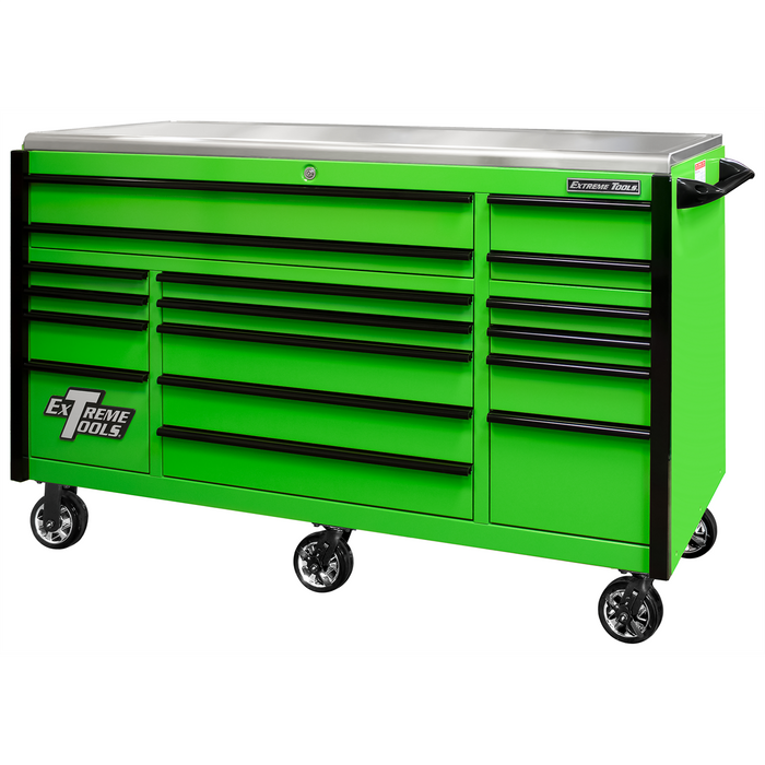 Extreme Tools EXQ Series 72” 17-Drawer Triple Bank Roller Cabinet – Heavy-Duty Tool Chest w/ Stainless Steel Top (Green/Black) EXTEX7217RCQGNBK