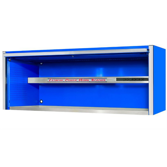 Extreme Tools EX Professional Series 72” Power Workstation Hutch – Blue with Chrome Handle, Stainless Steel Workstation (EXTEX7201HCQBLCR