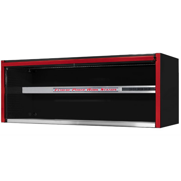 Extreme Tools EX Professional Series 72” Power Workstation Hutch – Black with Red Handle, Stainless Steel Workstation (EXTEX7201HCQBKRD)