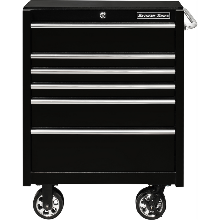Extreme Tools PWS Series 30'' W x 25'' D x 42.5'' H 6-Drawer Roller Cabinet 100 lbs Slides, Textured Black w Chrome Drawer Pulls EXTPWS302506RCTXBK