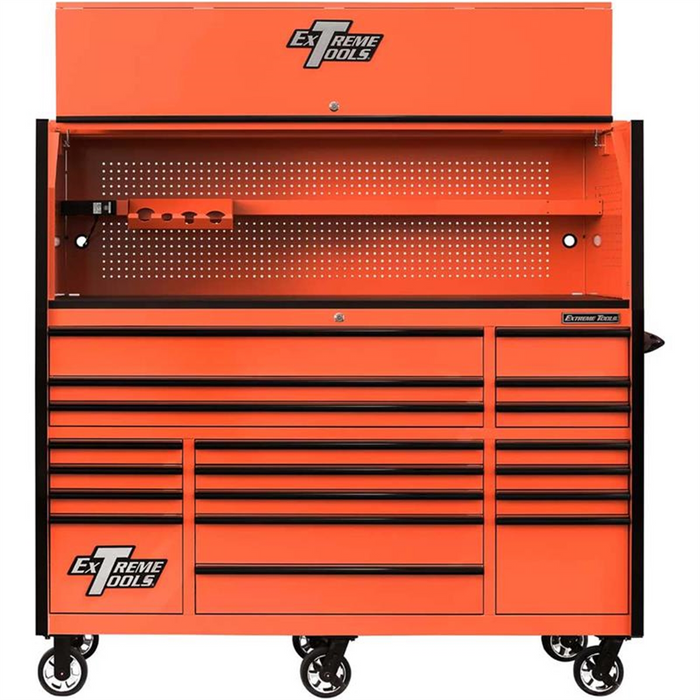 Extreme Tools RX 72" Pro Hutch &amp; 19 Drawer Cabinet Combo, Orange, Black EXTRX7220HROK