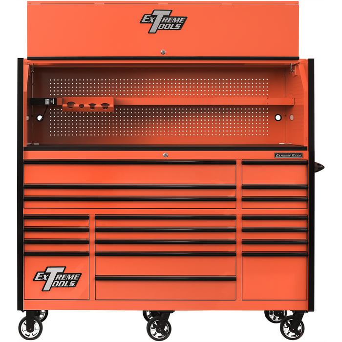Extreme Tools RX Series 72" Pro Workstation Combo – 19-Drawer Cabinet & Hutch (Orange/Black Pulls) EXTRX723020HROK
