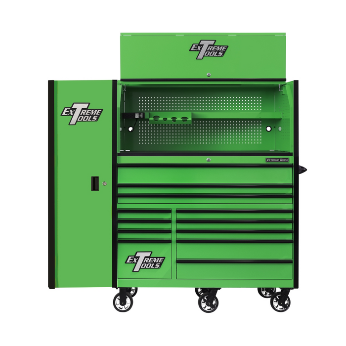 Extreme Tools RX Series 55” Professional Tool Cabinet Combo – Hutch, 12-Drawer Roller Cabinet & 3-Drawer Side Locker (Green/Black) EXTRX55HRSGK