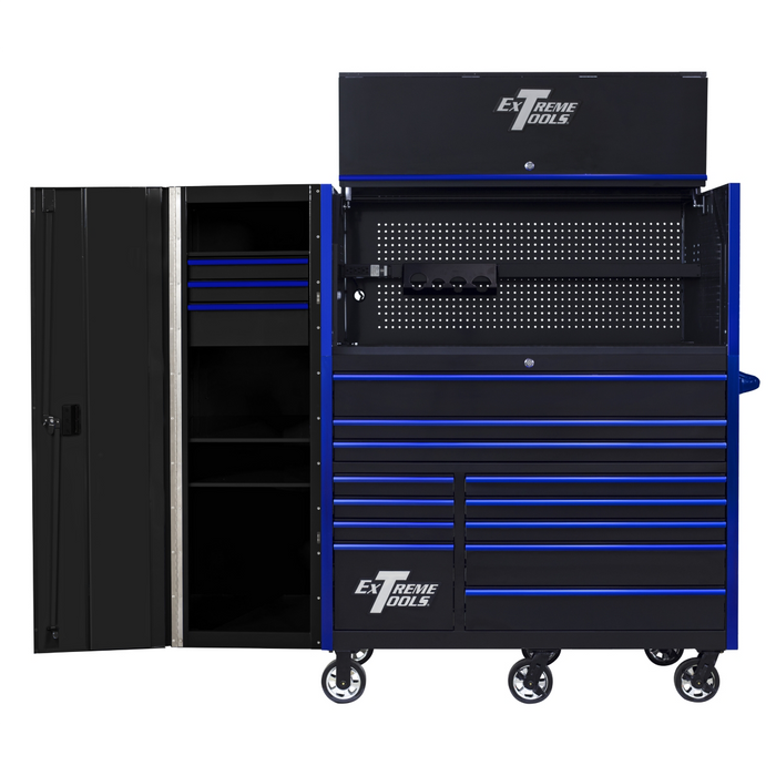 Extreme Tools RX Series 55” Power Workstation Hutch – Steel Tool Storage with USB & Power Strip (Black/Blue) EXTRX55HRSKU