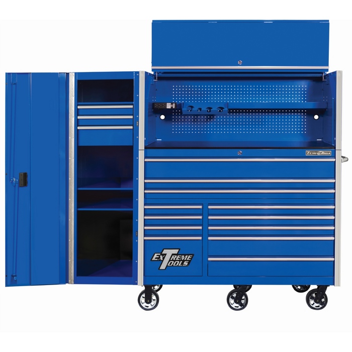 Extreme Tools RX Series 55” Professional Tool Cabinet Combo – Hutch, 12-Drawer Roller Cabinet & 3-Drawer Side Locker (Blue/Chrome) EXTRX55HRSUC