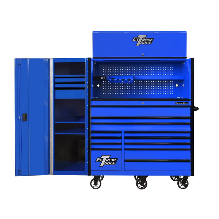 Extreme Tools RX Series 55” Professional Tool Cabinet Combo – Hutch, 12-Drawer Roller Cabinet & 3-Drawer Side Locker (Blue/Black) EXTRX55HRSUK