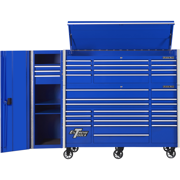 Extreme Tools RX Series 72" Pro Workstation Combo – 19-Drawer Cabinet & Hutch (Blue/Chrome Pulls, 25" Depth) EXTRX7225HRSUC