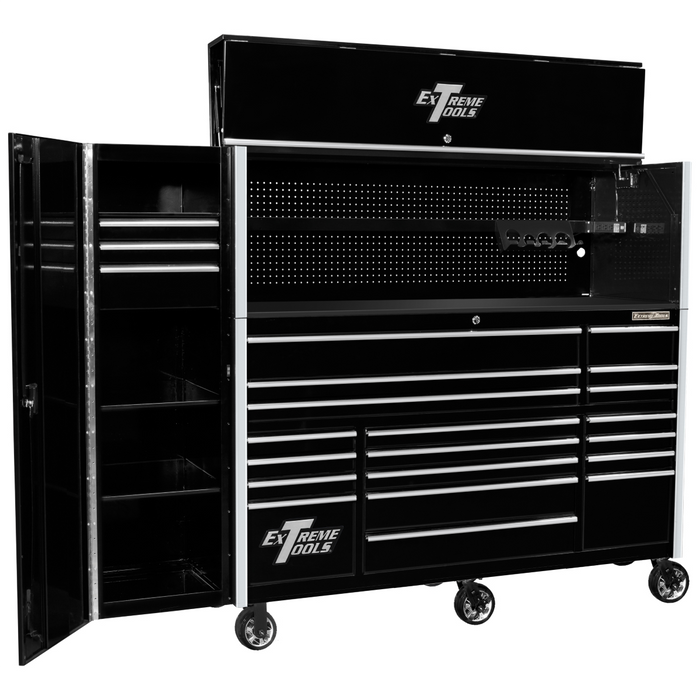 Extreme Tools RX Series 72" Pro Workstation Combo – 19-Drawer Cabinet & Hutch (Black/Chrome Pulls, 25" Depth) EXTRX7225HRSKC