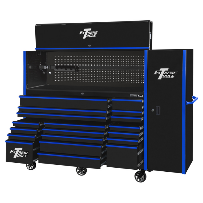 Extreme Tools RX Series 72" Pro Workstation Combo – 19-Drawer Cabinet & Hutch (Black/Blue Pulls, 25" Depth) EXTRX7225HRSKC