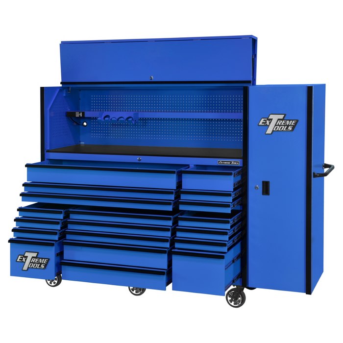 Extreme Tools RX Series 72" Workstation Combo – 19-Drawer Cabinet, Hutch & Side Locker (Blue/Black) EXTRX7230HRSUK